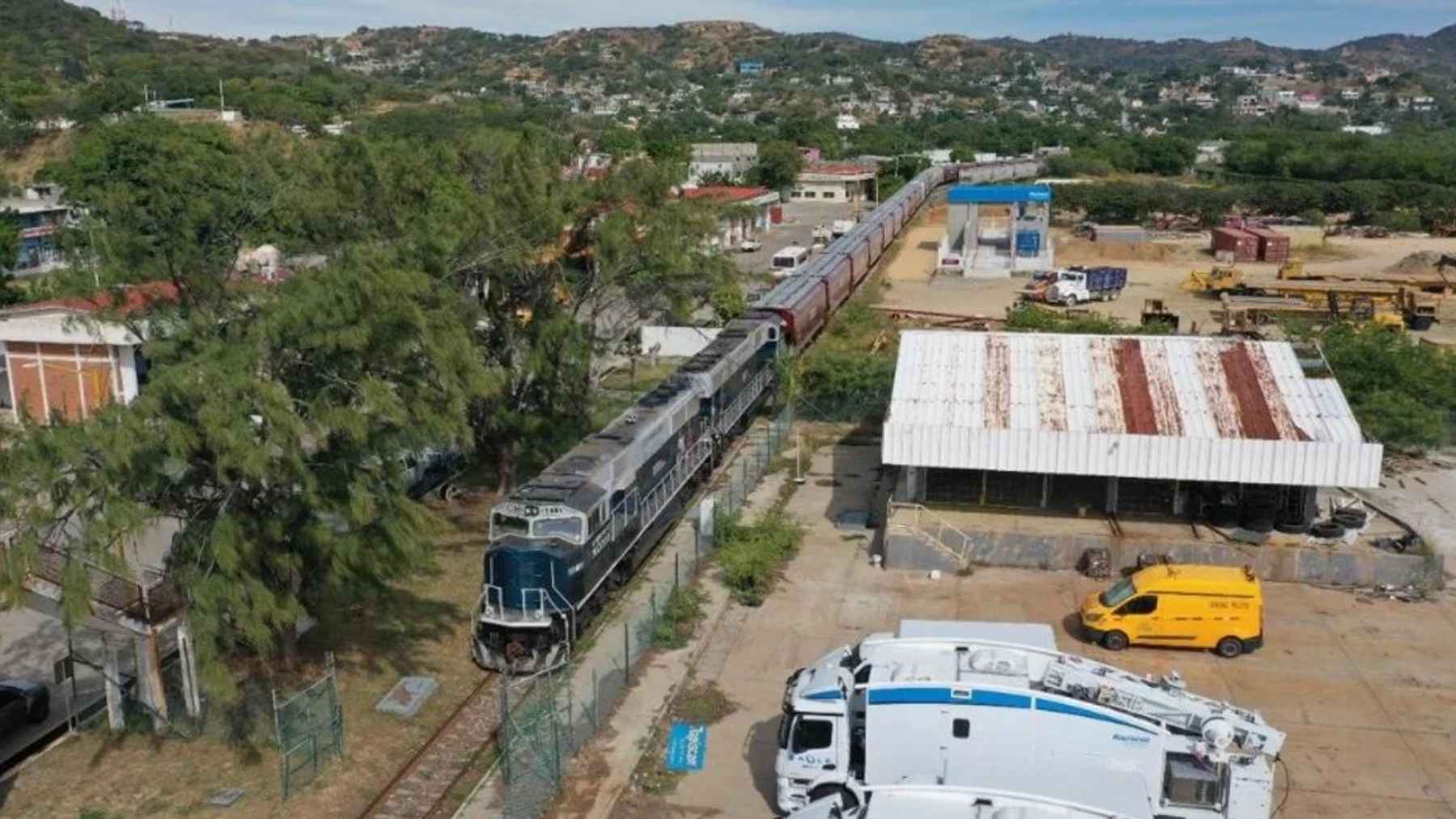 Cargo train traveling through southern Mexico as part of the Interoceanic Corridor logistics route