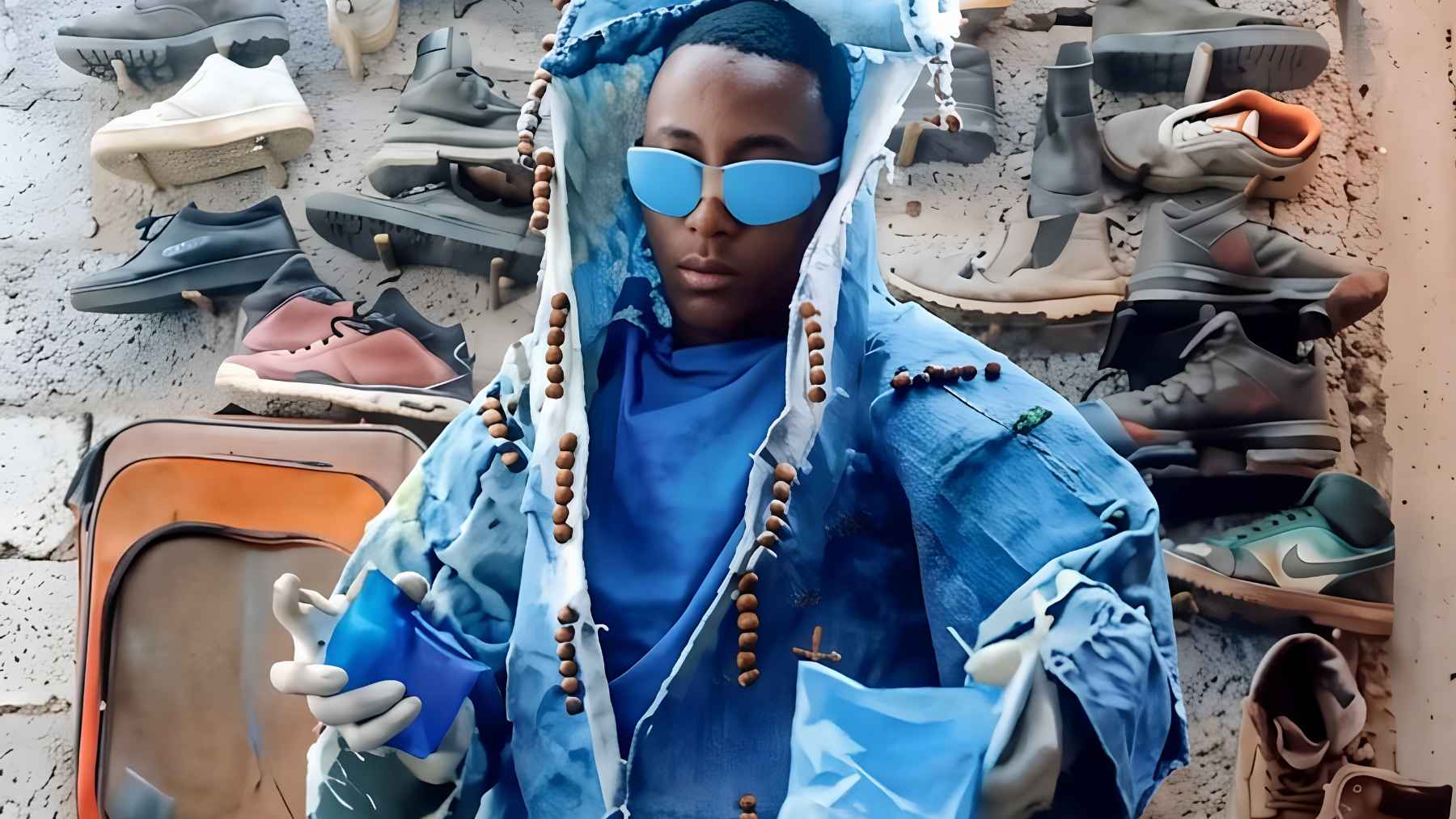 Kalu Putik wearing a fashion design made from recycled tires, cardboard, wires, and other discarded materials in Ethiopia