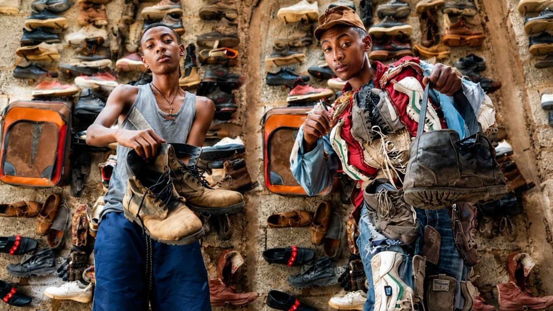 Kalu Putik modeling a fashion outfit made from discarded shoes and recycled materials as part of his viral upcycling project