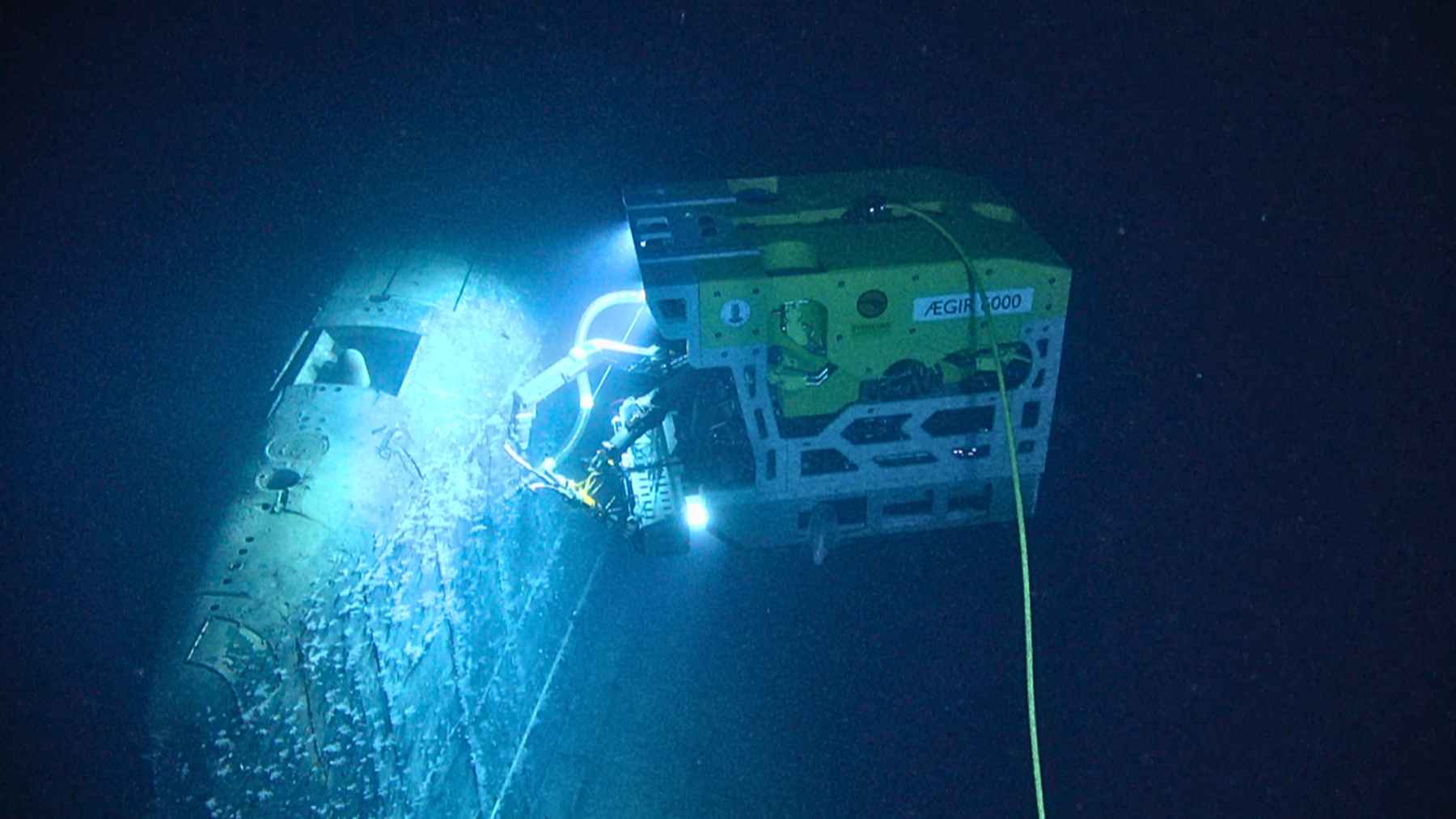 ECOnews 1 ROV inspecting a sunken Soviet submarine in the deep ocean where radioactive material is being released from the reactor.
