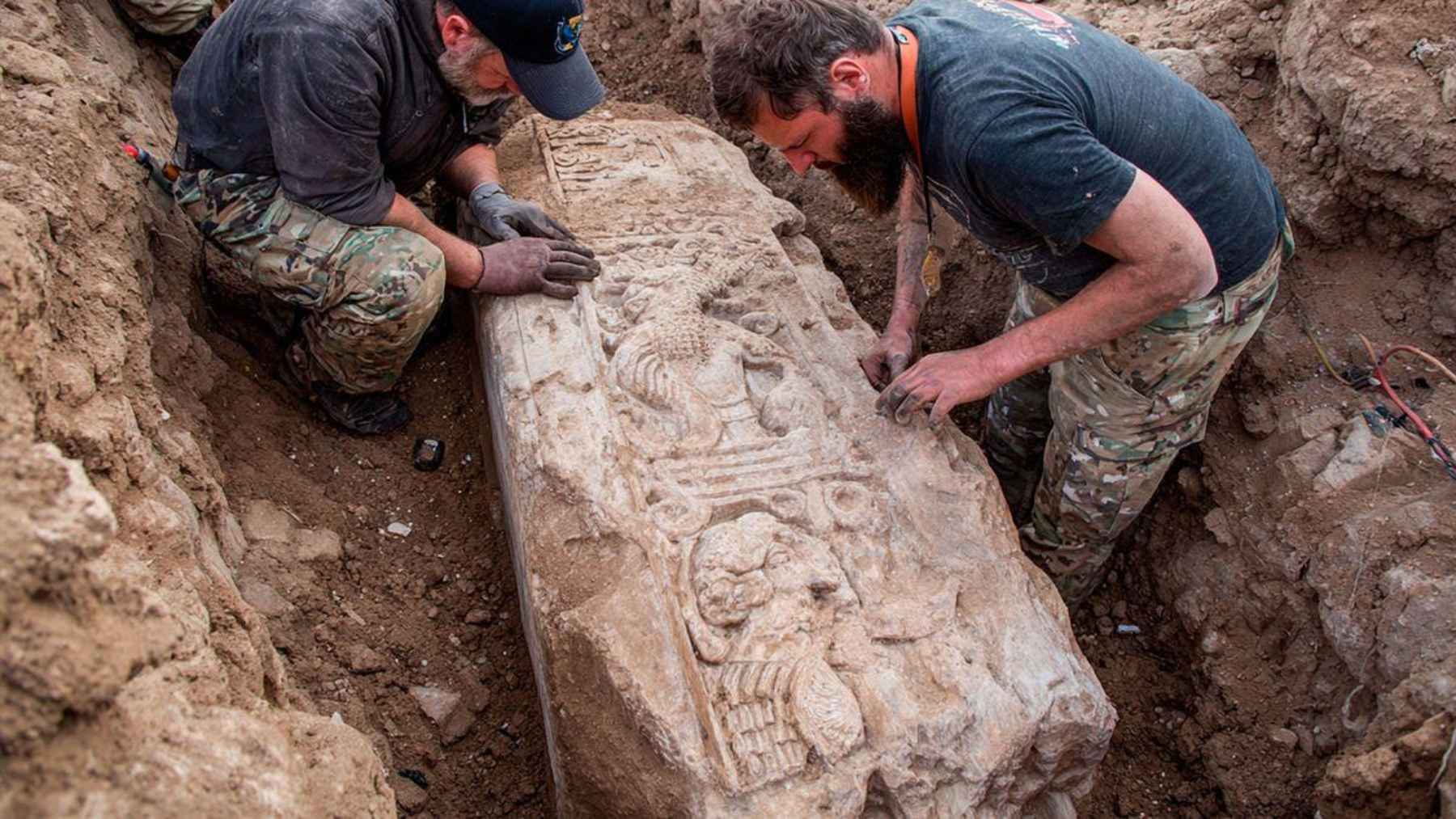 Archaeologists uncovering a decorated sarcophagus during an excavation in Luxor, Egypt.