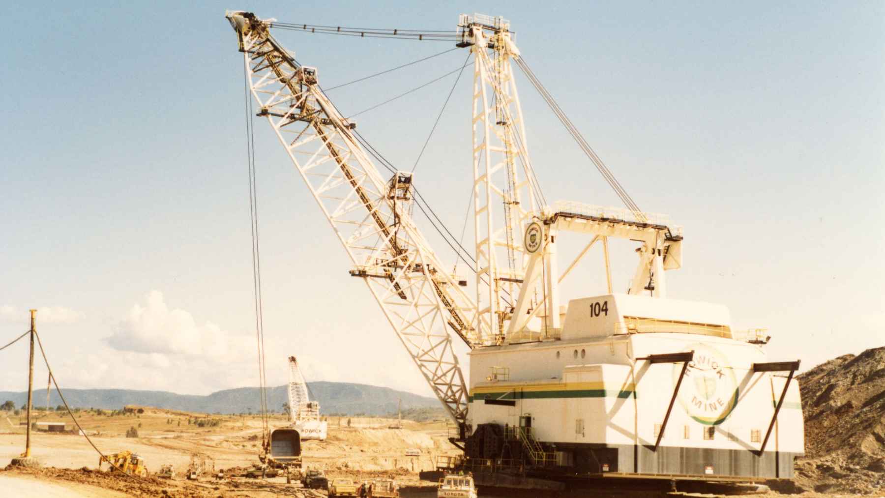 Marion 8750 electric dragline excavator working at Estevan Mine in Saskatchewan with its massive boom and bucket