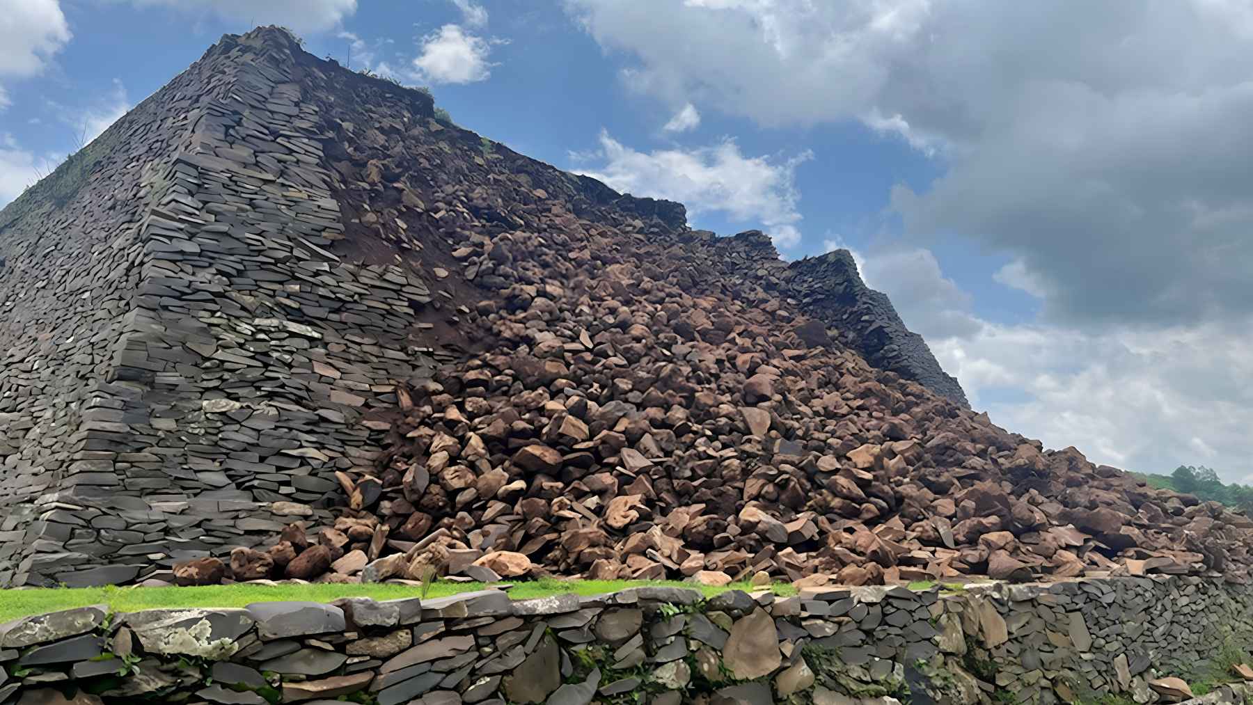 Collapsed section of a pre-Hispanic pyramid at Ihuatzio in Mexico after heavy rain caused structural failure