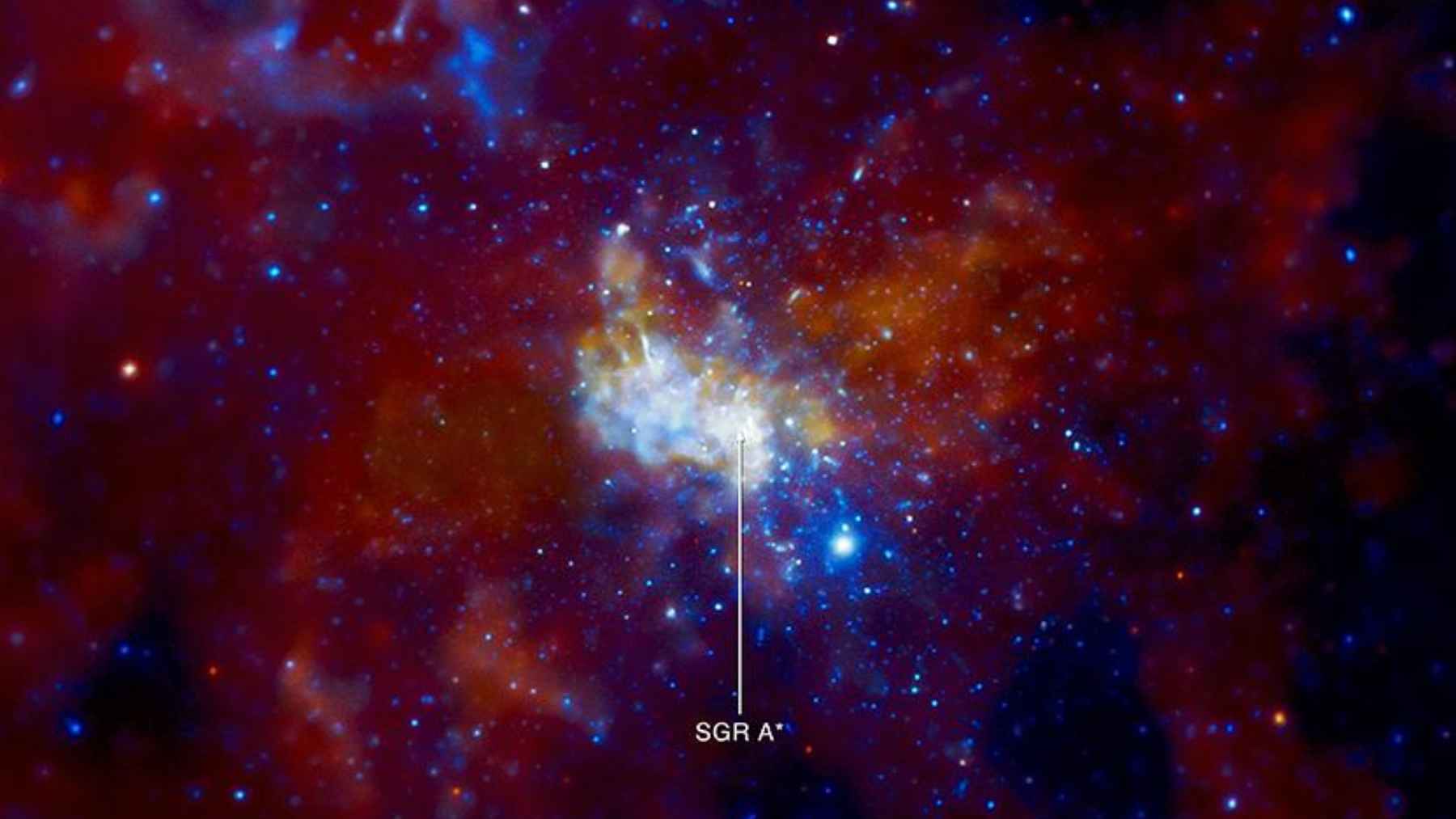 Illustration of Sagittarius A* at the center of the Milky Way, where astronomers believe the IRS 13 star cluster may have carved a mini-cavity in surrounding gas.