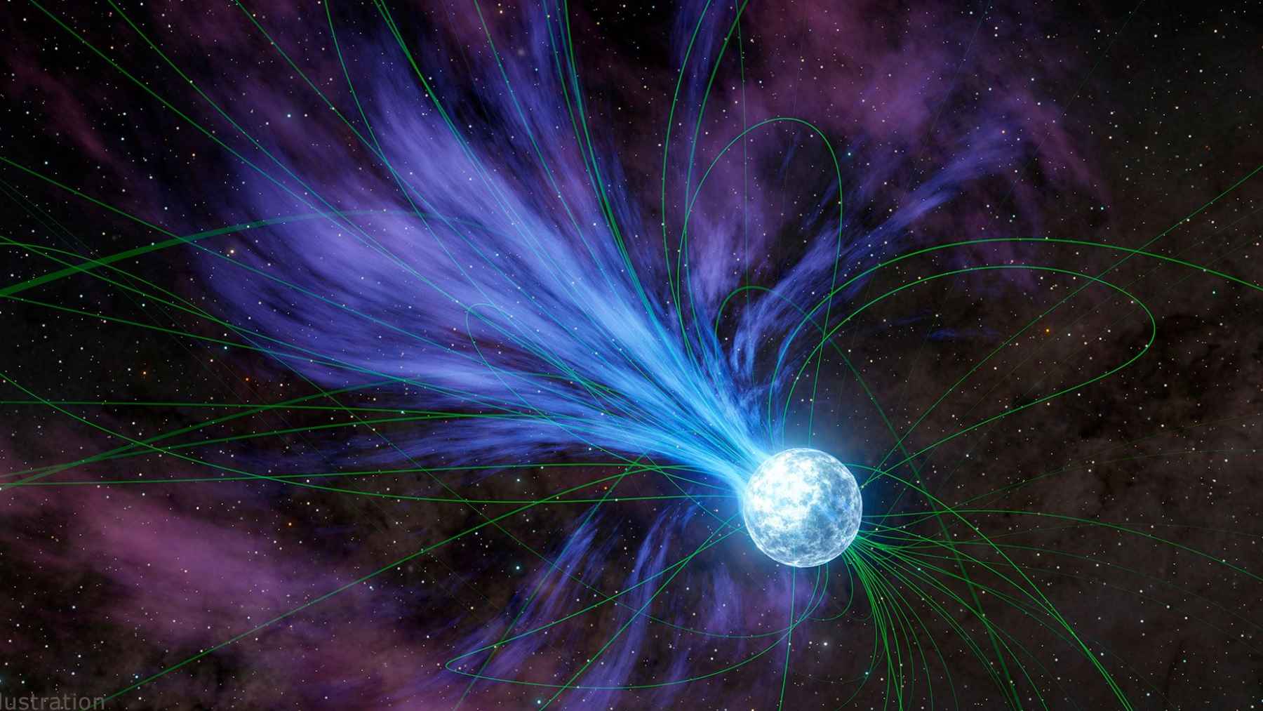 Illustration of a neutron star releasing radio emissions through intense magnetic field lines in deep space