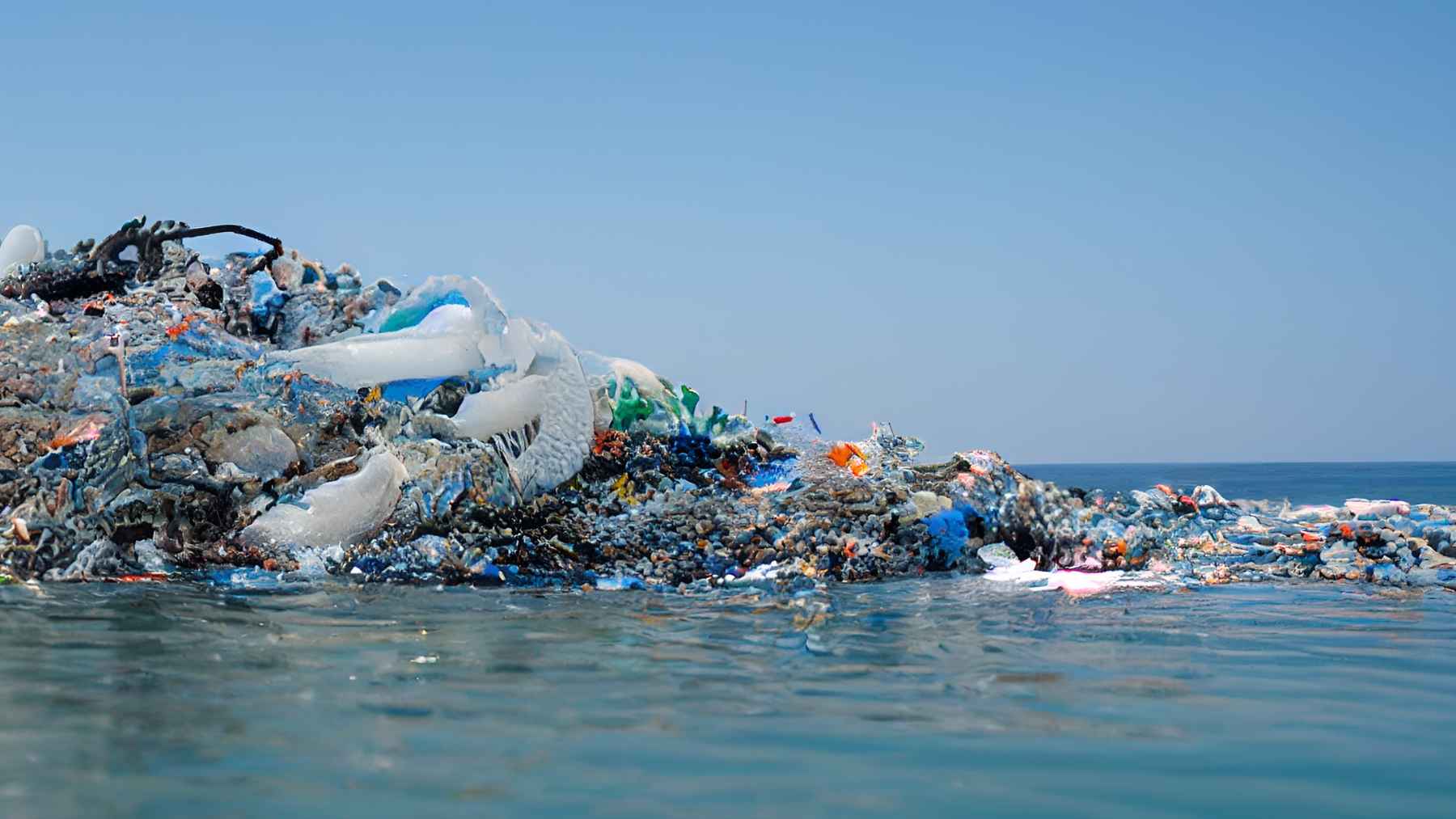 Close view of plastic debris floating in the ocean, forming clusters where marine life can attach and survive.