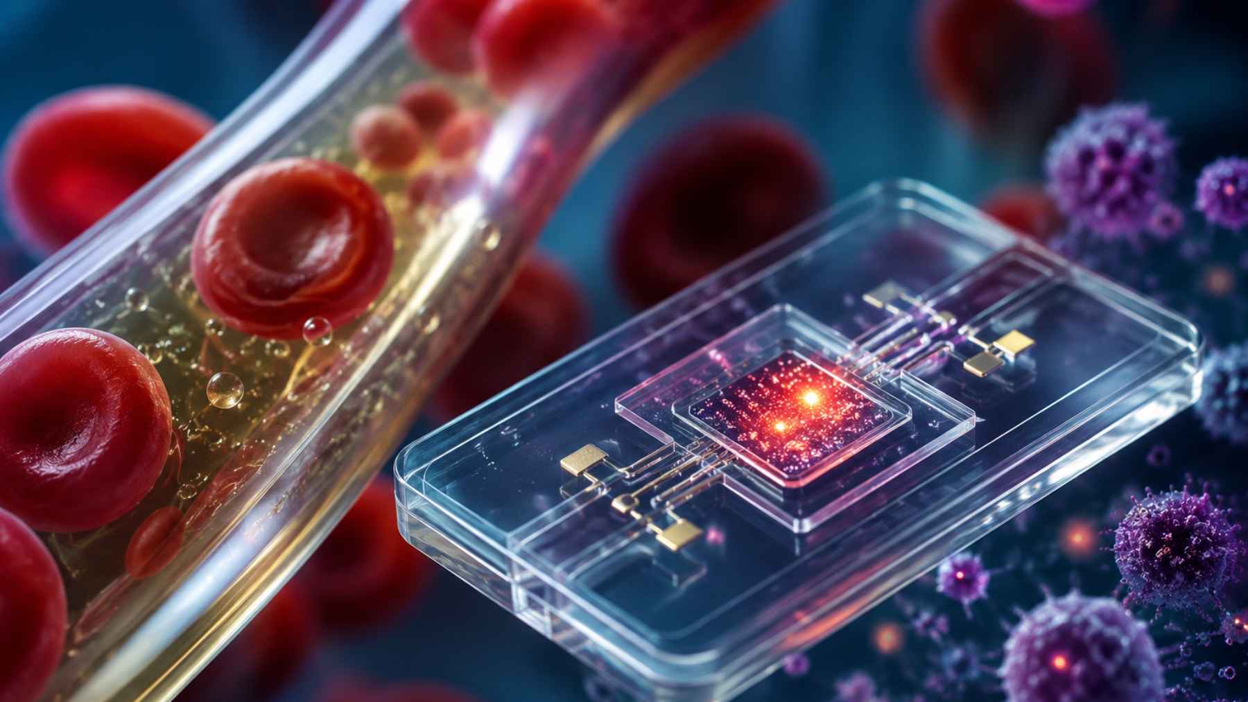 Microchip device analyzing blood plasma with red blood cells and nanoparticles to detect pancreatic cancer signals.