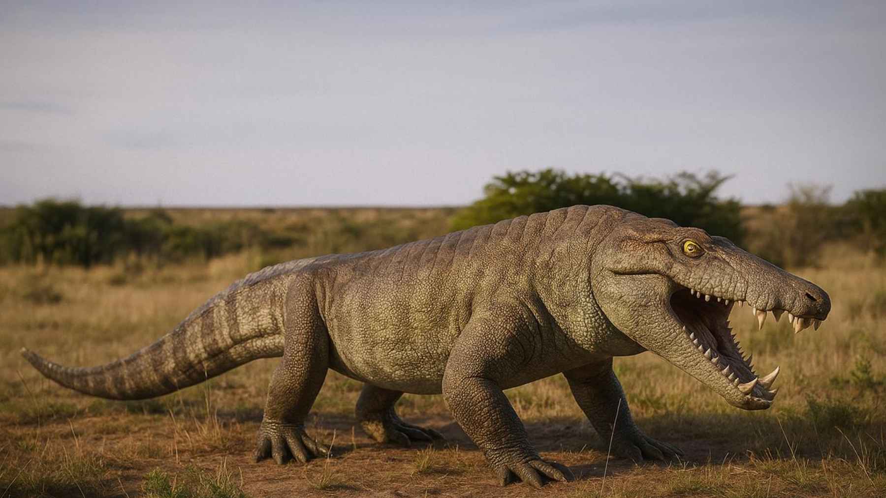Illustration of a large prehistoric crocodile-like predator with open jaws in a dry landscape, representing a dinosaur-hunting species.