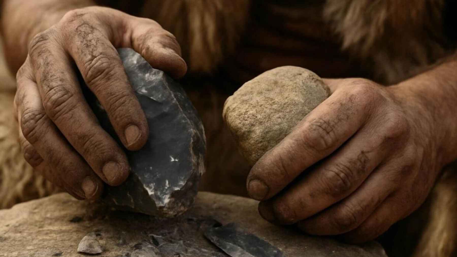 Close-up of hands shaping a stone tool from basalt using primitive knapping technique.