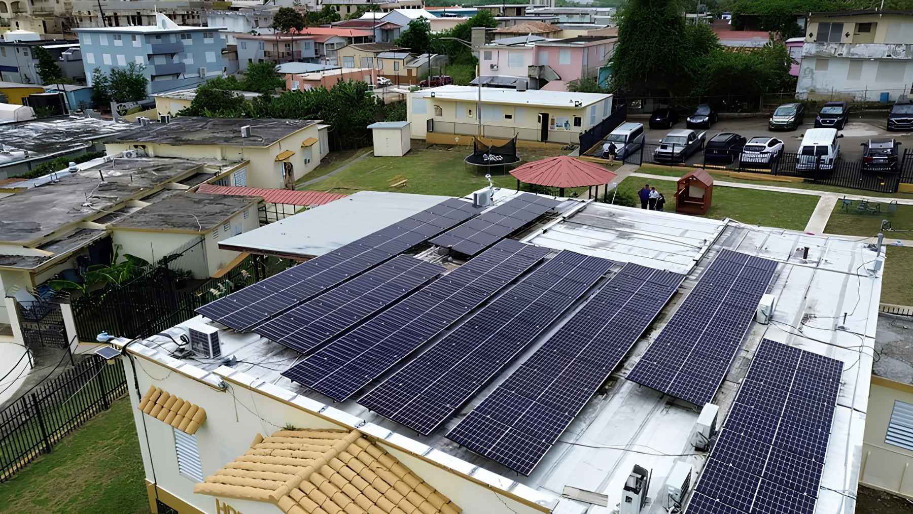 Rooftop solar panels on a community building in Puerto Rico.