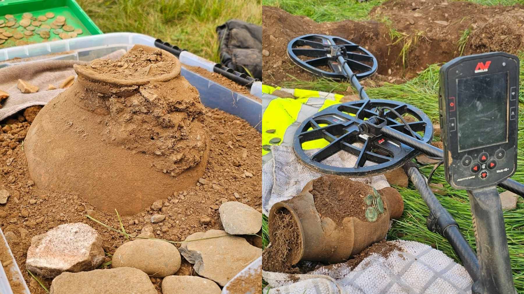 A collection of ancient Roman denarii and silver-washed radiate coins unearthed from clay vessels in North Wales.