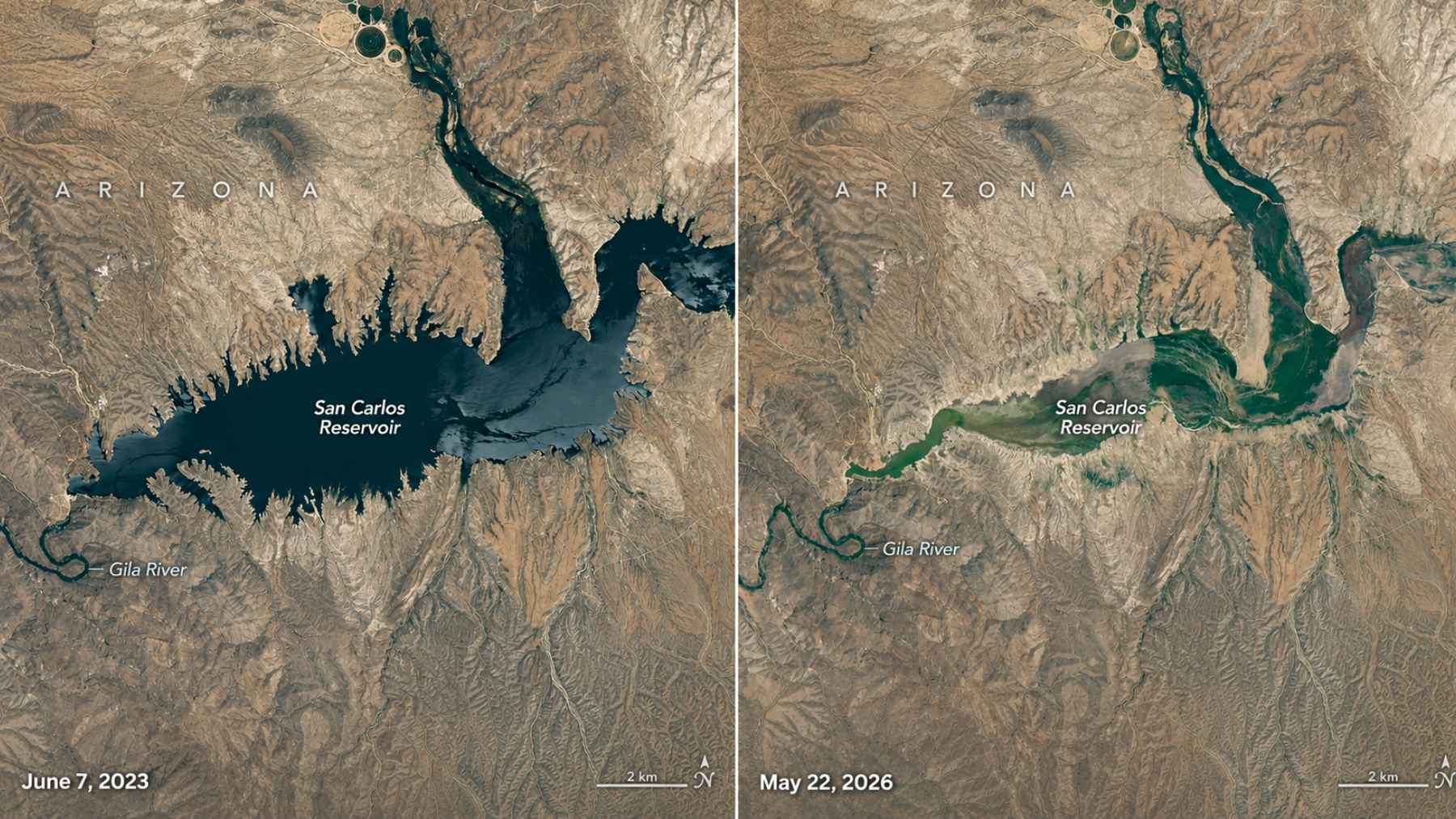 Side-by-side satellite comparison of San Carlos Reservoir in Arizona, showing much higher water levels in June 2023 and severe shrinkage by May 2026.