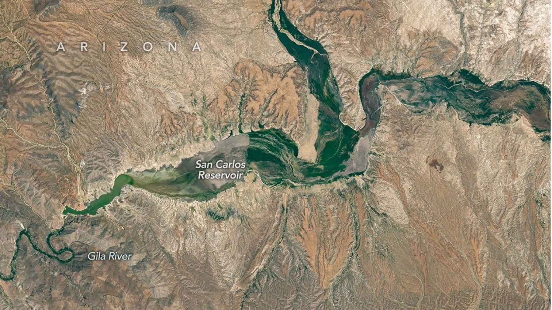 Satellite image of San Carlos Reservoir in Arizona on May 22, 2026, showing the reservoir nearly empty with exposed channels and shoreline.