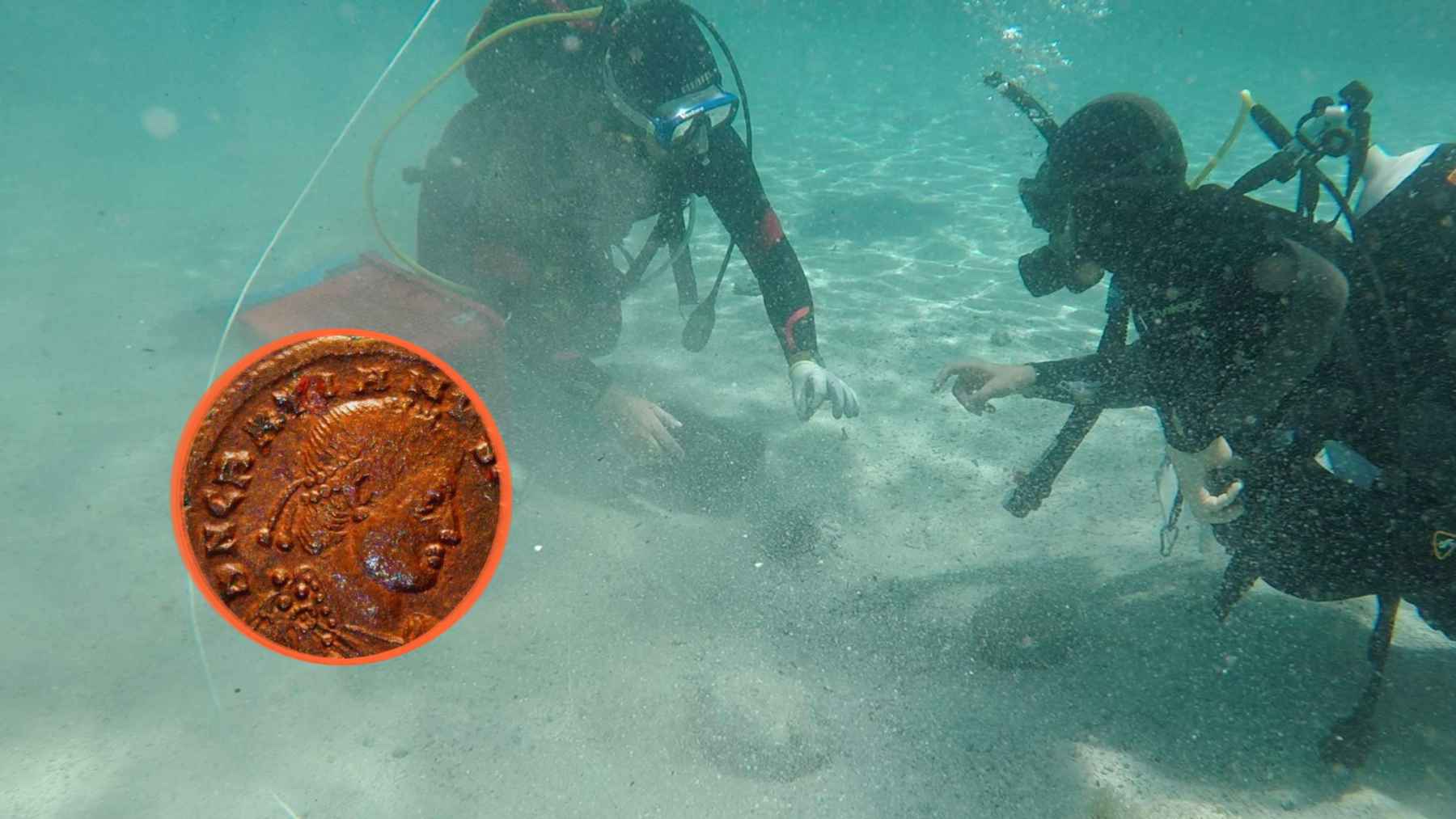 Divers search the sandy seabed off Sardinia with an inset showing a late Roman bronze coin from the underwater hoard.