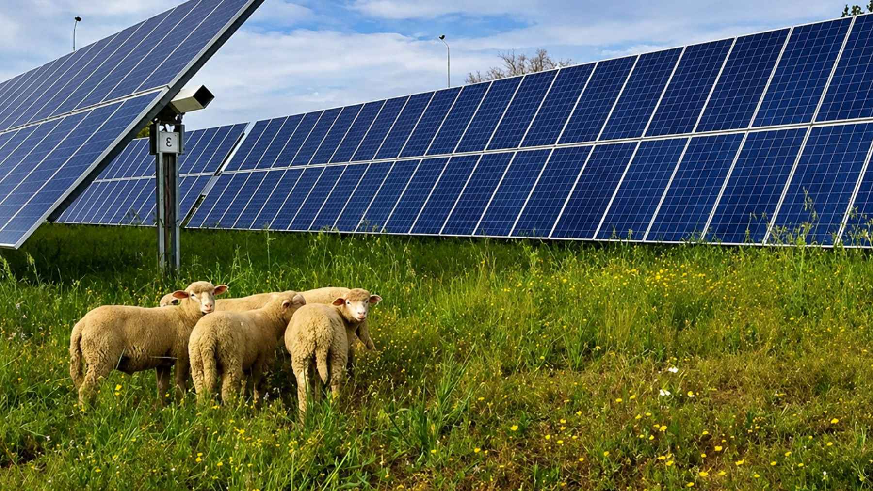 Sheep grazing between solar panels at a solar plant using livestock for vegetation control and land management.