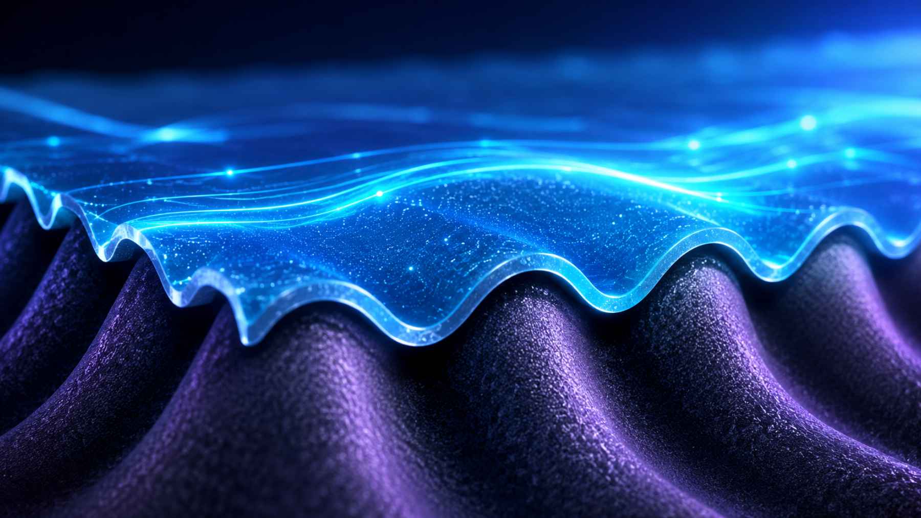 Illustration of a glowing ultrathin superconducting layer flowing over a sculpted nanoscale surface.