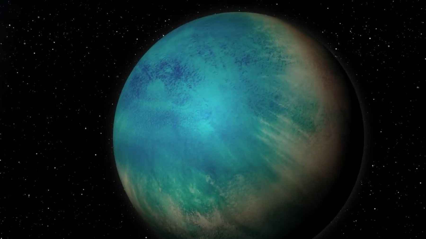 Artist’s illustration of TOI-1452 b as a blue-green possible ocean world against a field of stars.