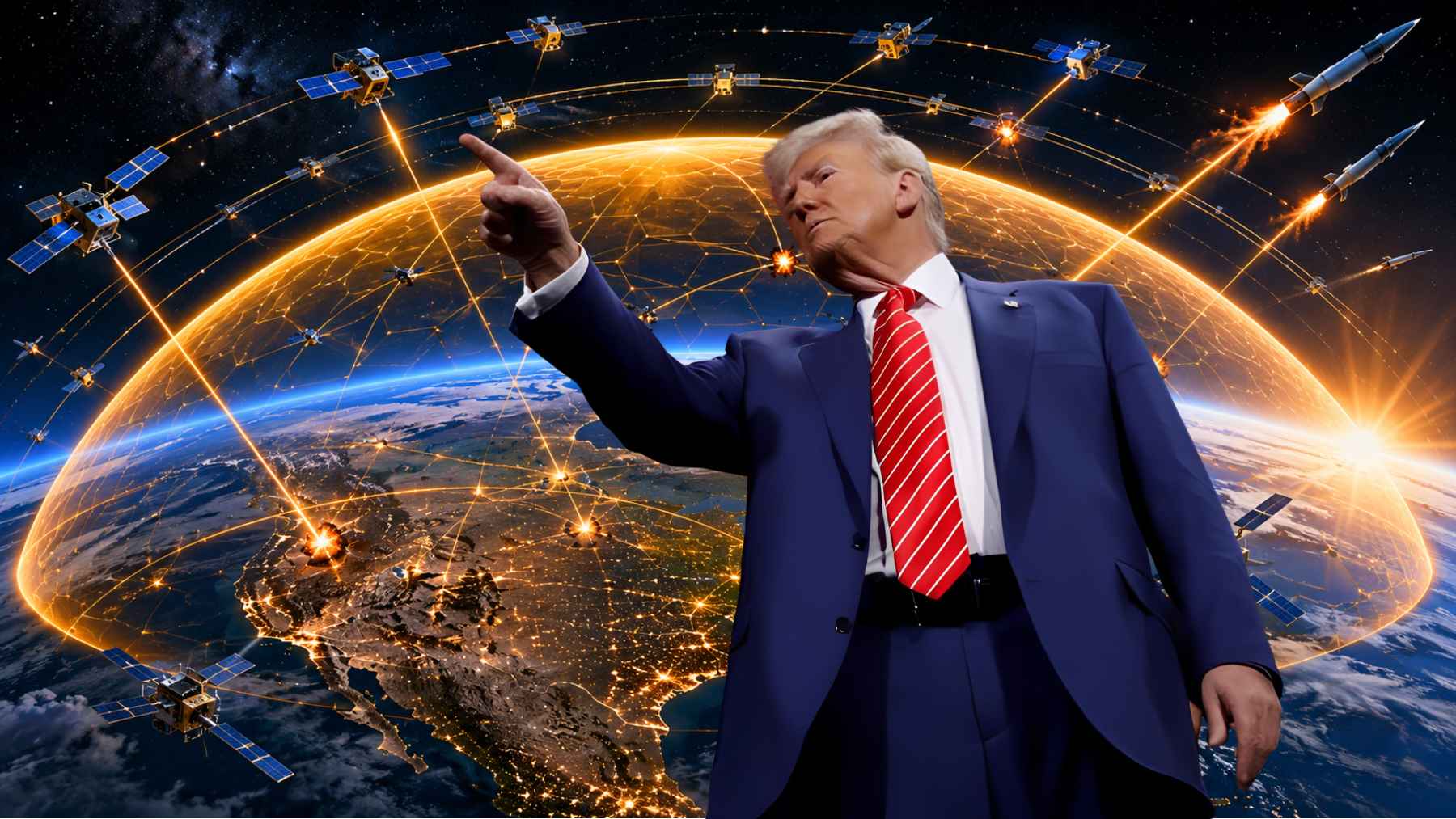Donald Trump pointing toward the sky with a concept illustration of a space-based missile defense shield and satellites over Earth.