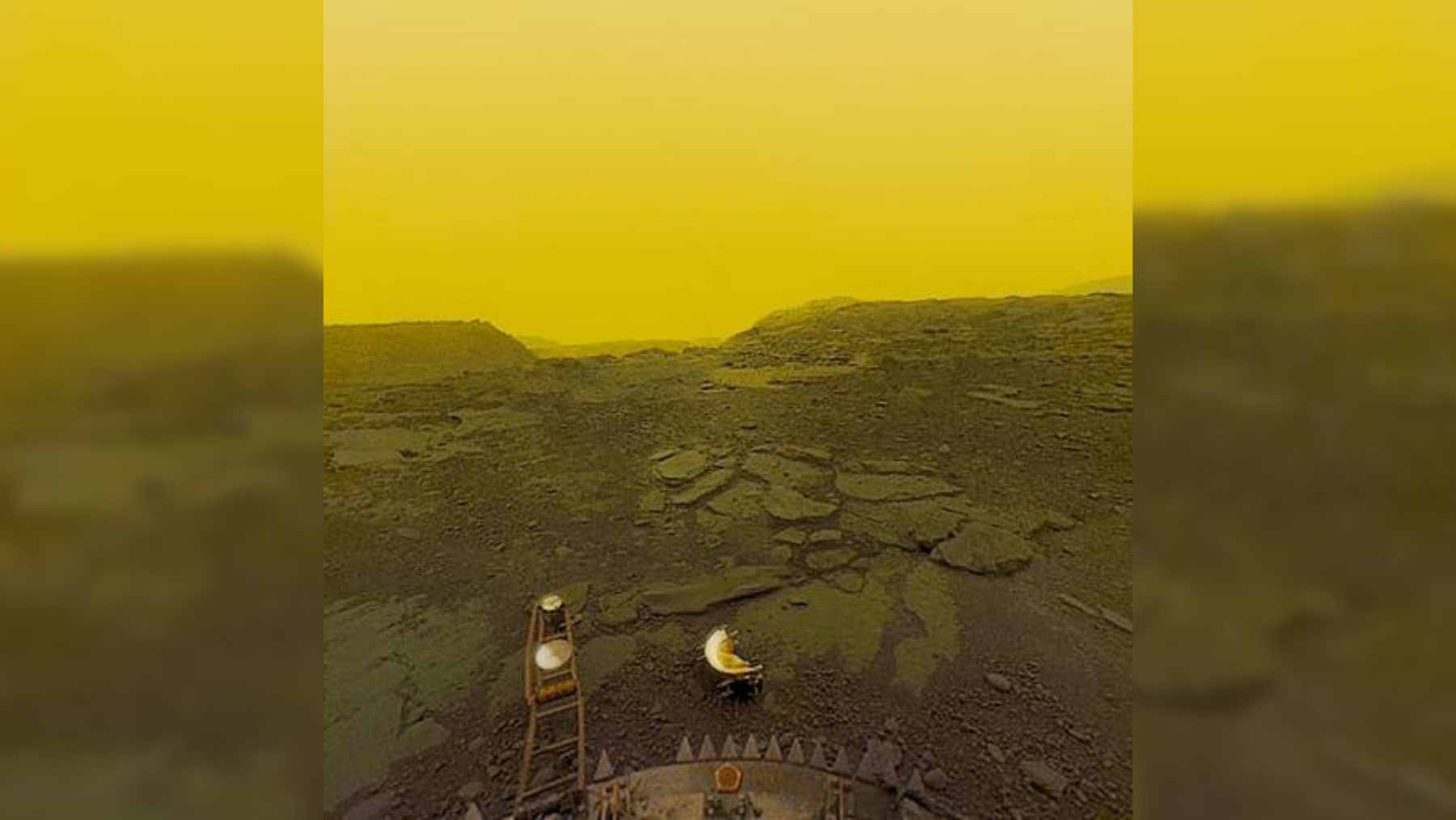 In 1982 the Soviet Venera 13 lander survived 127 minutes on Venus in about 855°F heat and pressure comparable to roughly 2,950 feet underwater, long enough to beam back two panoramas of basaltic rock under an orange sky 1 Panoramic view of the rocky Venusian surface captured by the Soviet Venera 13 lander in 1982.