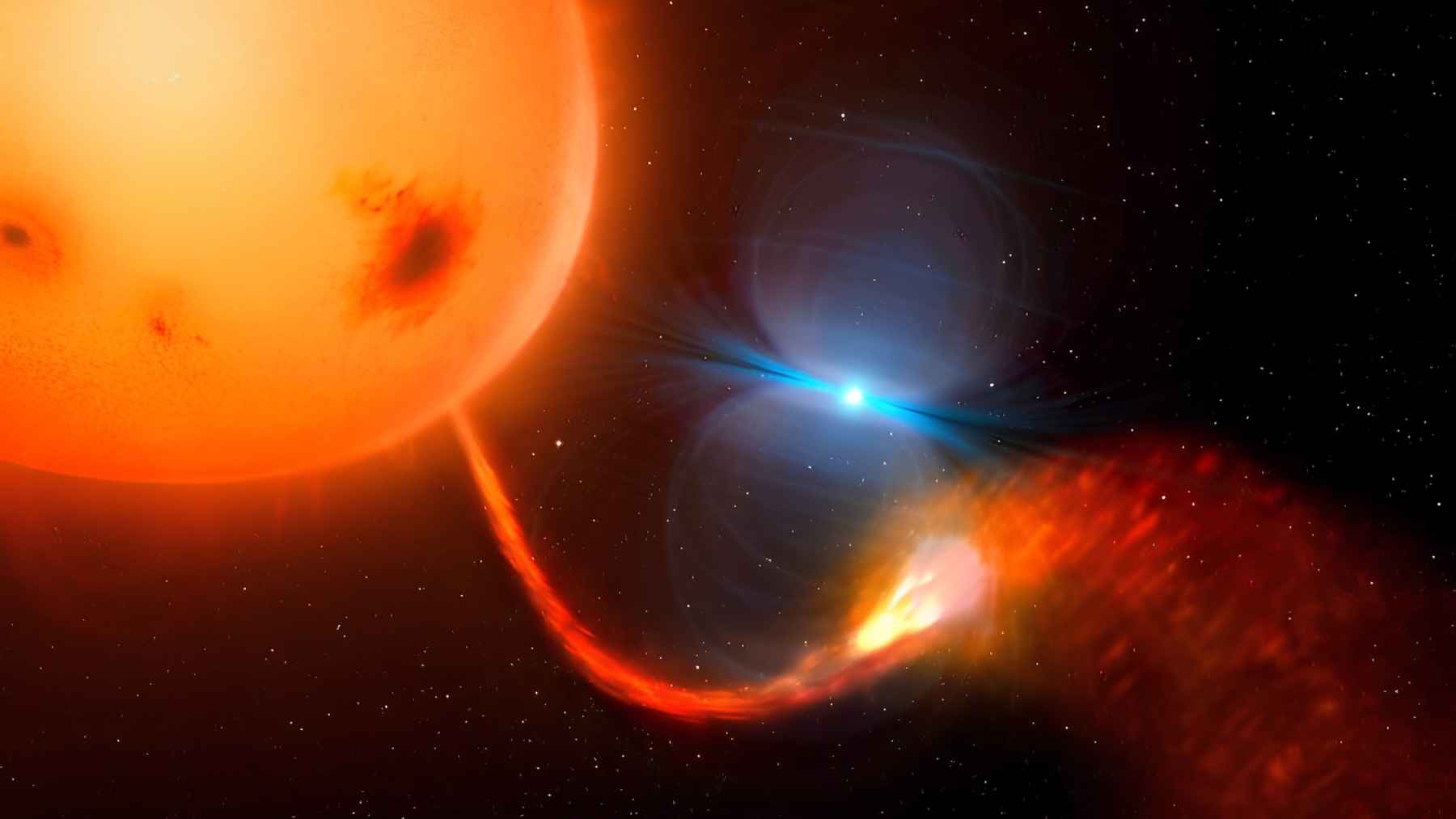 Illustration of a white dwarf pulling material from a companion star, generating energy and repeating signals in space.
