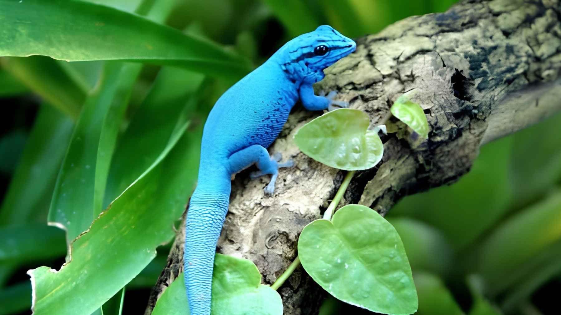 Williams' electric blue day gecko climbing a tree branch in Tanzania's Kimboza Forest, where conservation efforts are helping the endangered reptile recover.