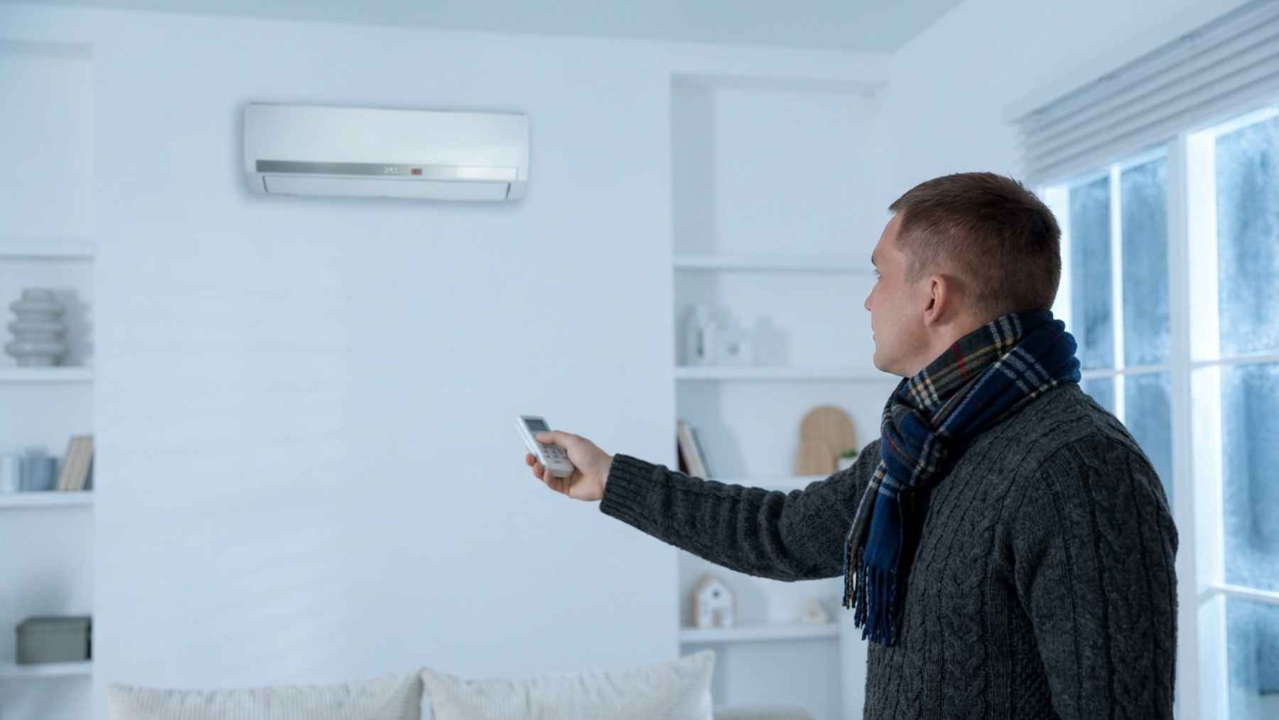 Man in warm clothing uses a remote control to adjust a wall-mounted air conditioner in winter.