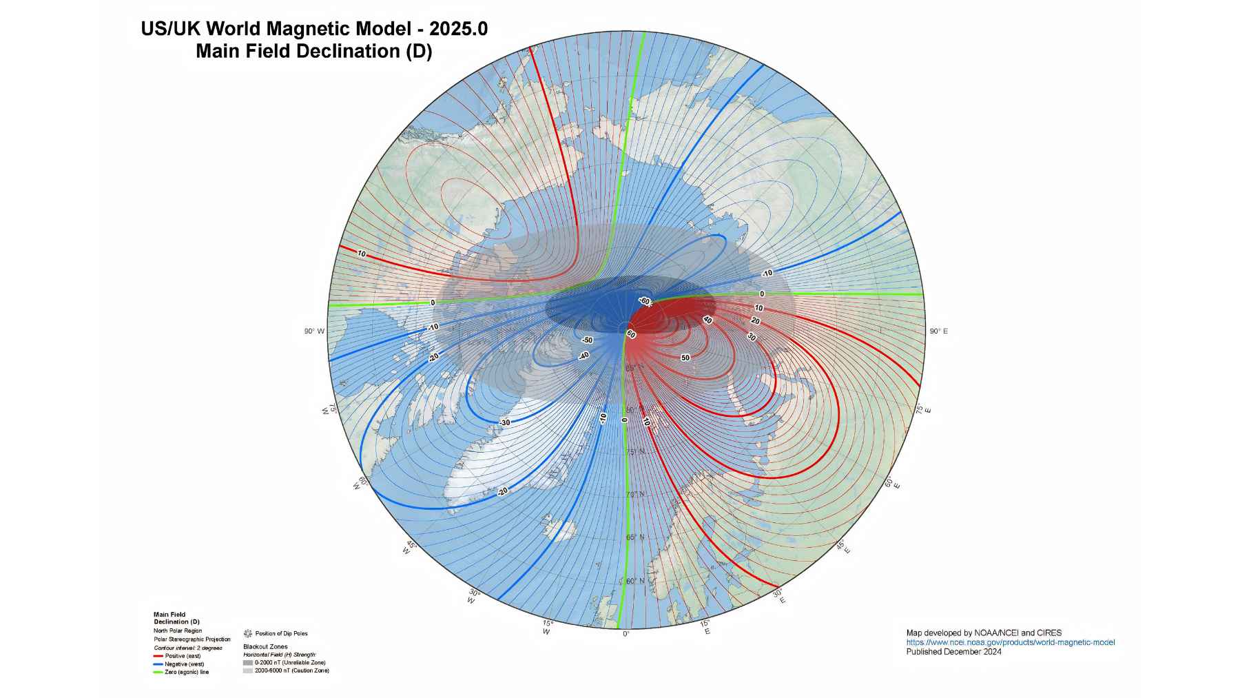 Earth’s magnetic north pole has shifted more than 1,400 miles, and agencies worldwide are preparing for the ripple effects on navigation and technology 1 World Magnetic Model 2025 map of Arctic magnetic declination used to track magnetic north and navigation changes.