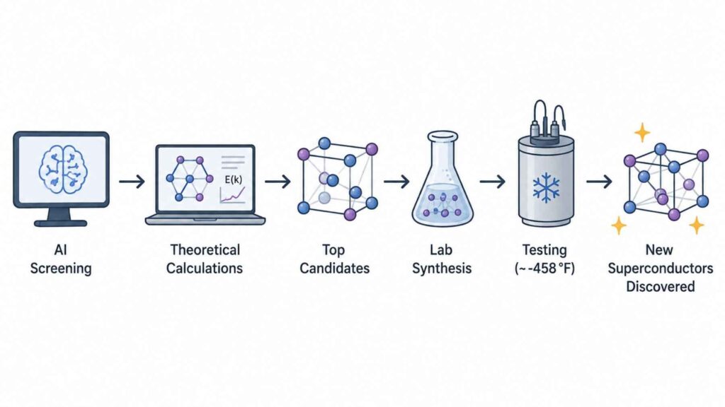 AI-assisted workflow showing how scientists discover new superconductors through machine learning, laboratory synthesis, and cryogenic testing.