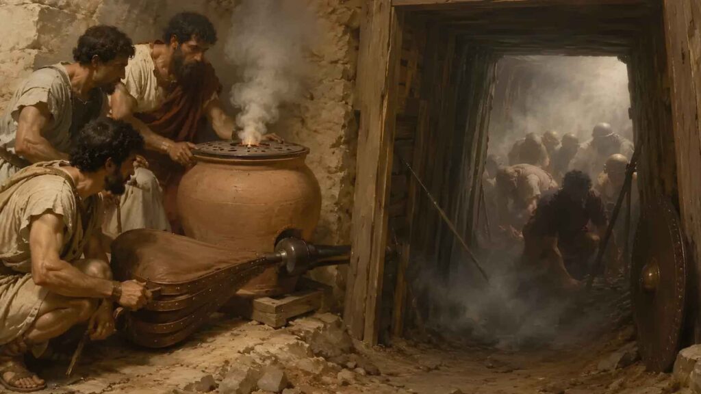 Reconstruction of Ambracia's defenders using a clay vessel and bellows to force toxic smoke into a Roman siege tunnel.