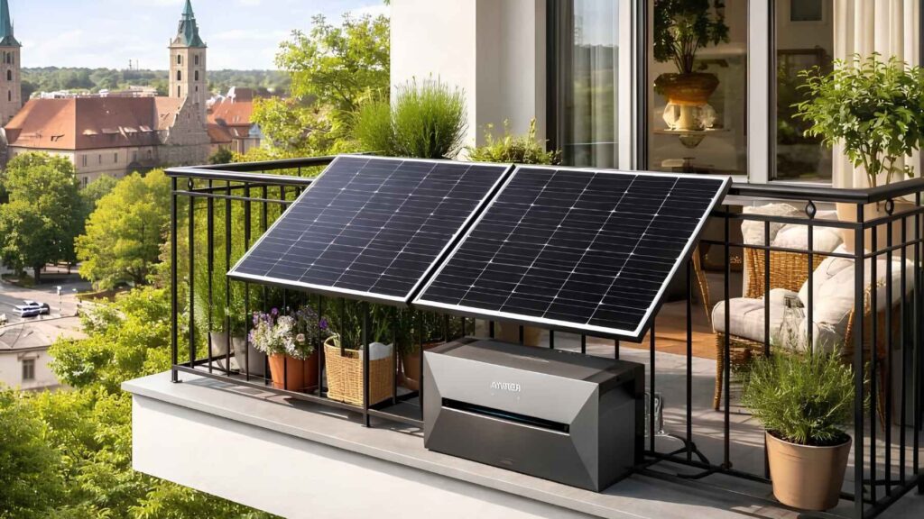 Solar panels and battery installed on an apartment balcony for residential energy use.