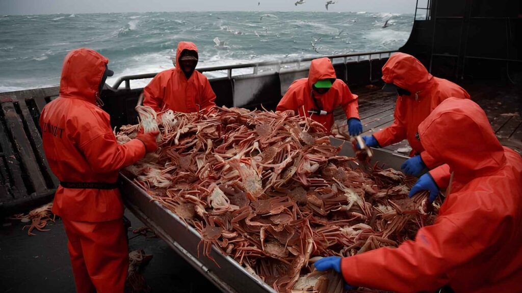 Fishing crew sorting red king crabs aboard a vessel in the Barents Sea, where the introduced species now supports a major commercial fishery.