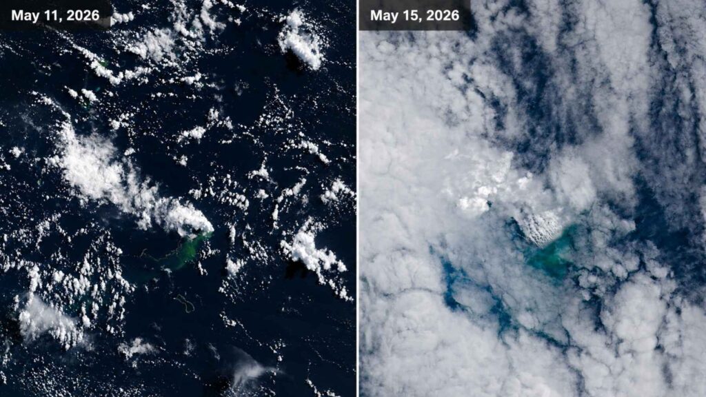 Satellite comparison of the Bismarck Sea submarine volcanic eruption on May 11 and May 15, 2026, showing changes in the eruption plume and surrounding waters.