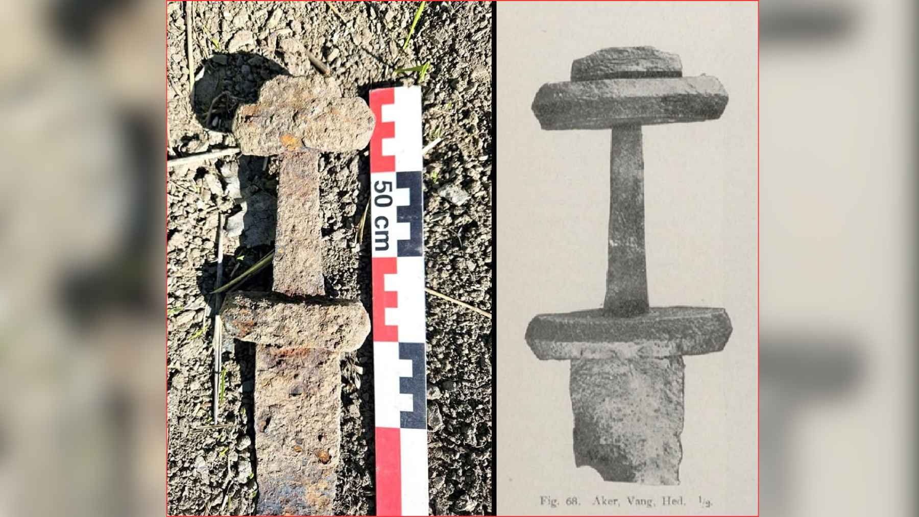 A 6-year-old boy was looking for rocks for a school arts-and-crafts project in Norway when he stumbled upon an iron sword that had been buried for about 1,200 years 1 Close-up comparison of the newly found sword hilt in Norway and a historical reference image used to identify the early Viking Age weapon.
