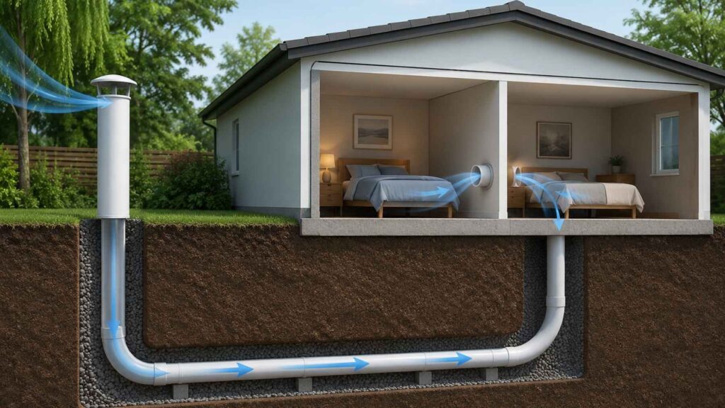 Illustration showing how a Canadian well earth-to-air heat exchanger cools incoming air through underground pipes before it enters a house.