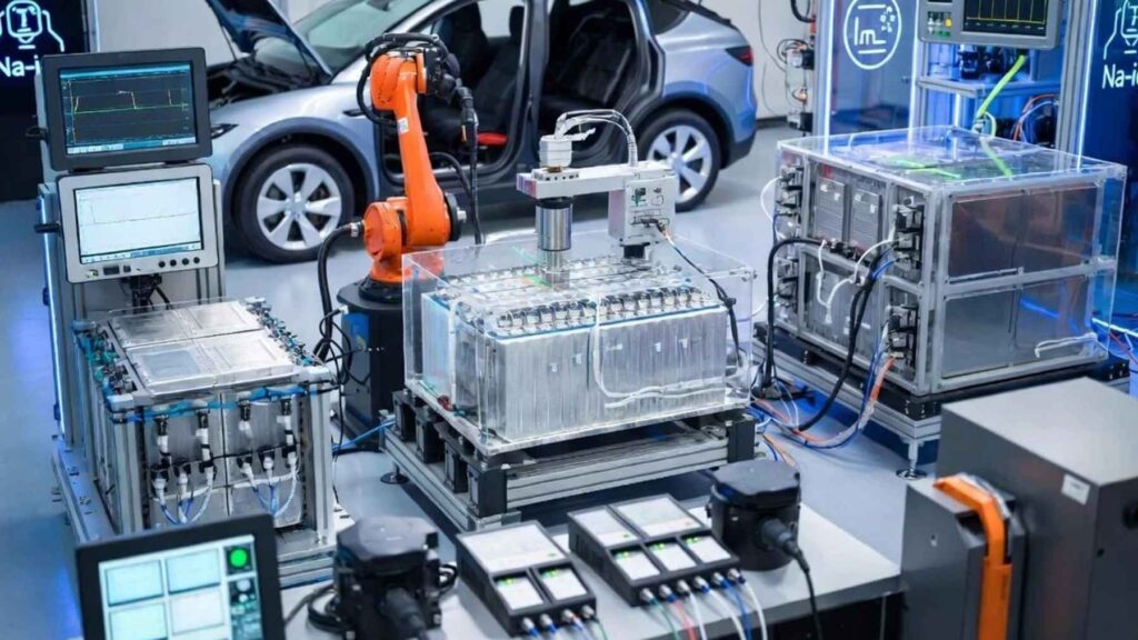 CATL sodium-ion battery modules undergoing laboratory testing before deployment in next-generation electric vehicles.