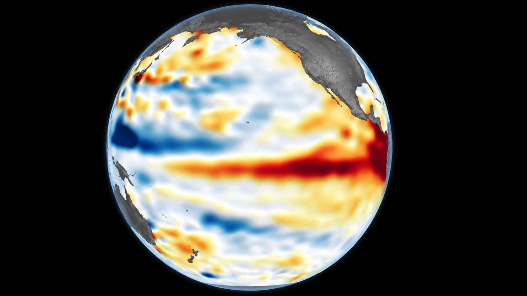 Clean globe visualization showing a band of unusually warm water across the equatorial Pacific linked to El Niño.