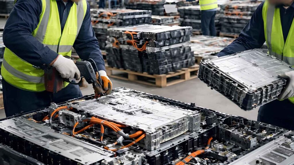 Workers disassembling electric vehicle battery packs in a recycling facility