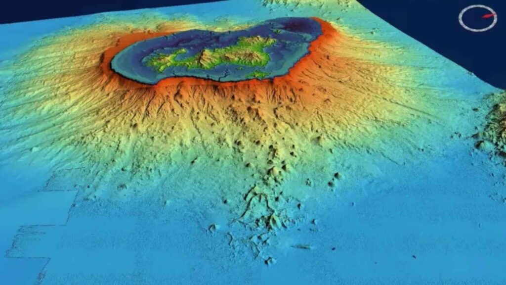 Bathymetric relief map from the 2019 survey off Mayotte showing Fani Maoré, the new submarine volcano.