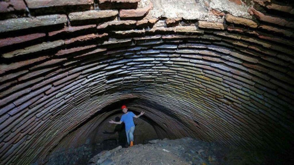 Ancient vaulted tunnel beneath Hagia Sophia in Istanbul, part of the underground network of passages and water infrastructure uncovered by archaeologists.