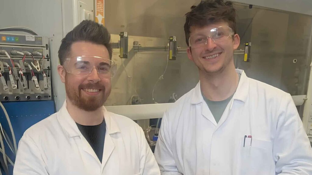 Dr. Josh Bailey and Dr. Hugh O'Connor at Queen's University Belfast, where they developed a low-cost 3D-printed flow battery research cell.