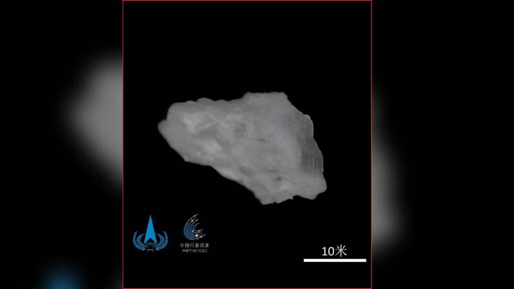 Grainy spacecraft image of asteroid Kamo’oalewa (2016 HO3) captured from ~12 miles away by China’s Tianwen-2 probe.