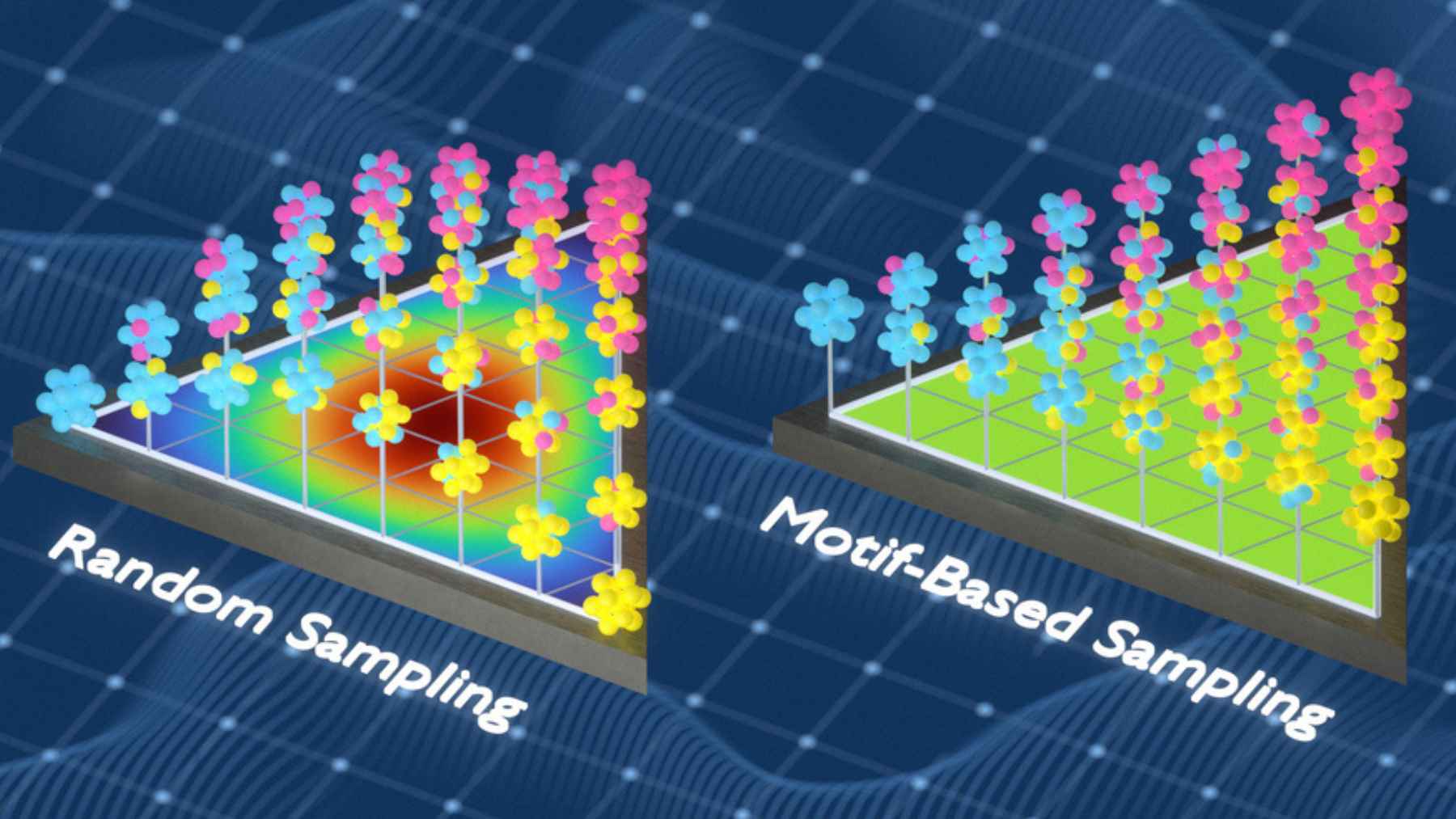 MIT's new method promises to speed up the search for alloys for rockets, chips, and clean energy by analyzing invisible “neighborhoods” between atoms 1 Illustration comparing random sampling and motif-based sampling for machine learning models used to predict atomic behavior in metal alloys.
