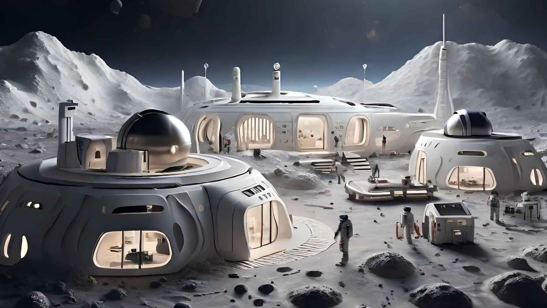 Concept image of a lunar base with habitats and astronauts working on the Moon’s surface.
