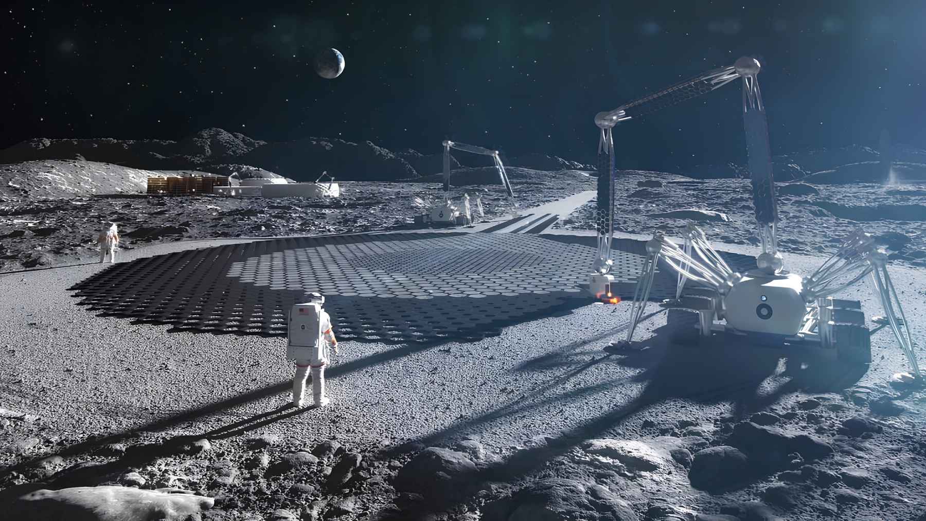 The Moon will no longer be just the place where humans left their footprints in 1969; now, NASA and China want to build bases, landing strips, control towers, and shelters there, but a fundamental regulation is still missing 1 Astronauts and robotic systems building a landing pad and infrastructure on the Moon’s surface.