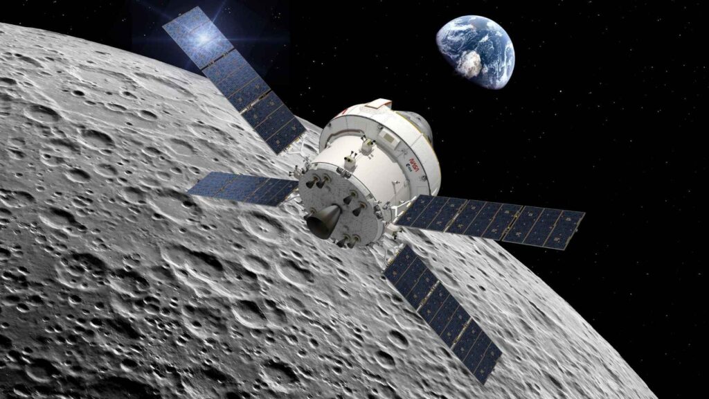 NASA Orion spacecraft flying near the Moon with Earth visible during Artemis II mission