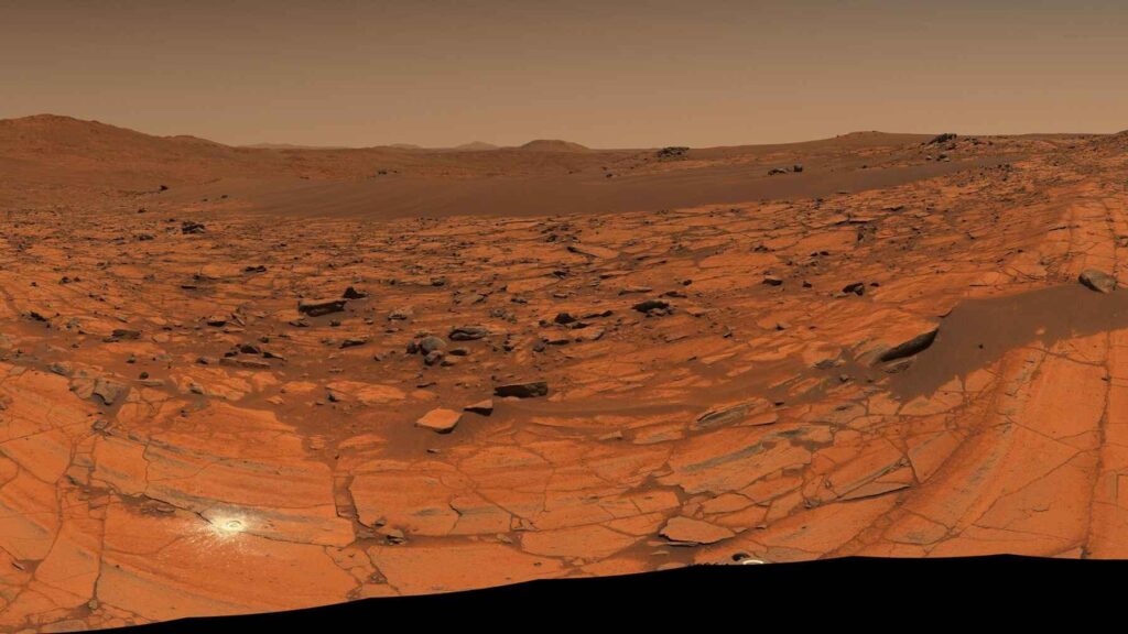 Panoramic view captured by NASA's Perseverance rover showing the ancient rocky landscape of the Falbreen region on Mars.
