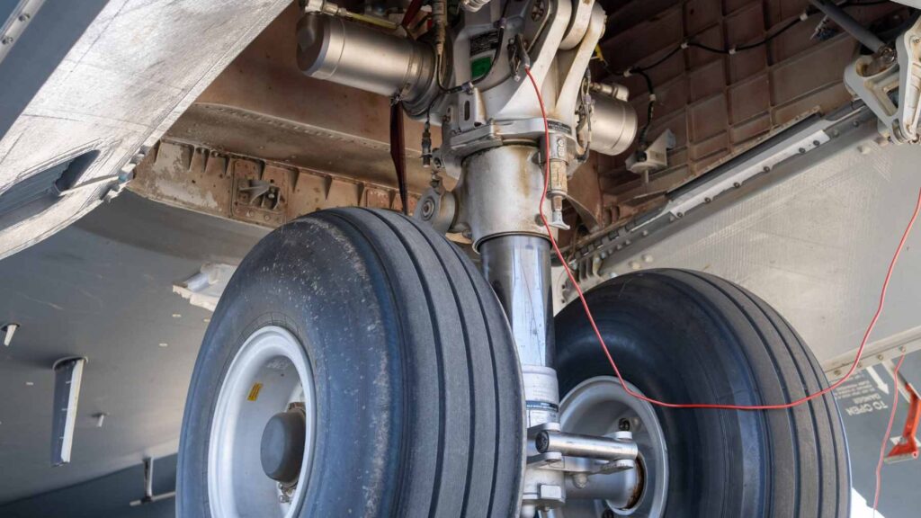 A conceptual visualization of aircraft landing gear incorporating structural battery technology to store energy and reduce overall vehicle weight.