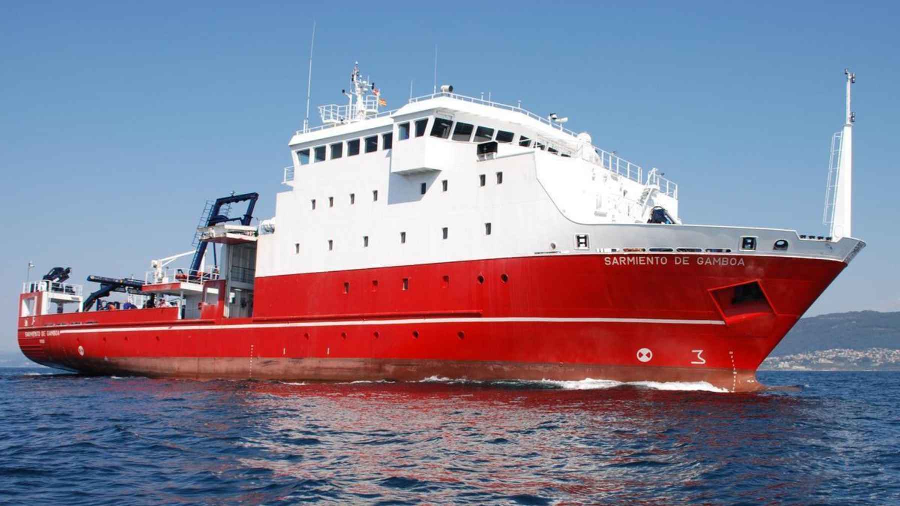 The Spanish oceanographic research vessel Sarmiento de Gamboa sailing during a scientific mission to study Atlantic Ocean circulation.