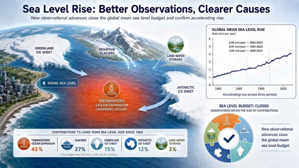 Infographic showing causes of sea level rise including thermal expansion, glaciers, and ice sheets.