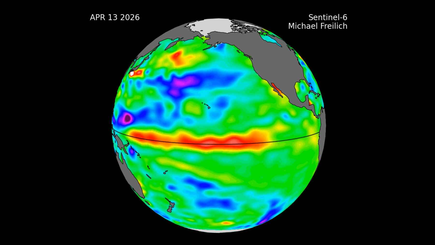 The enormous mass of warm water in the Pacific that has just “woken up” and could influence storms, wildfires, monsoons, and temperatures through 2027 1 Satellite globe from Sentinel-6 Michael Freilich showing ocean anomalies across the Pacific on April 13, 2026, with a warm equatorial El Niño band.